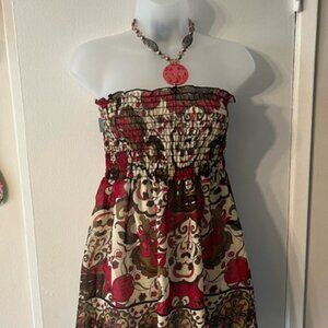 Strapless Smocked Red & Cream Patterned Women’s Jeweled Halter Top